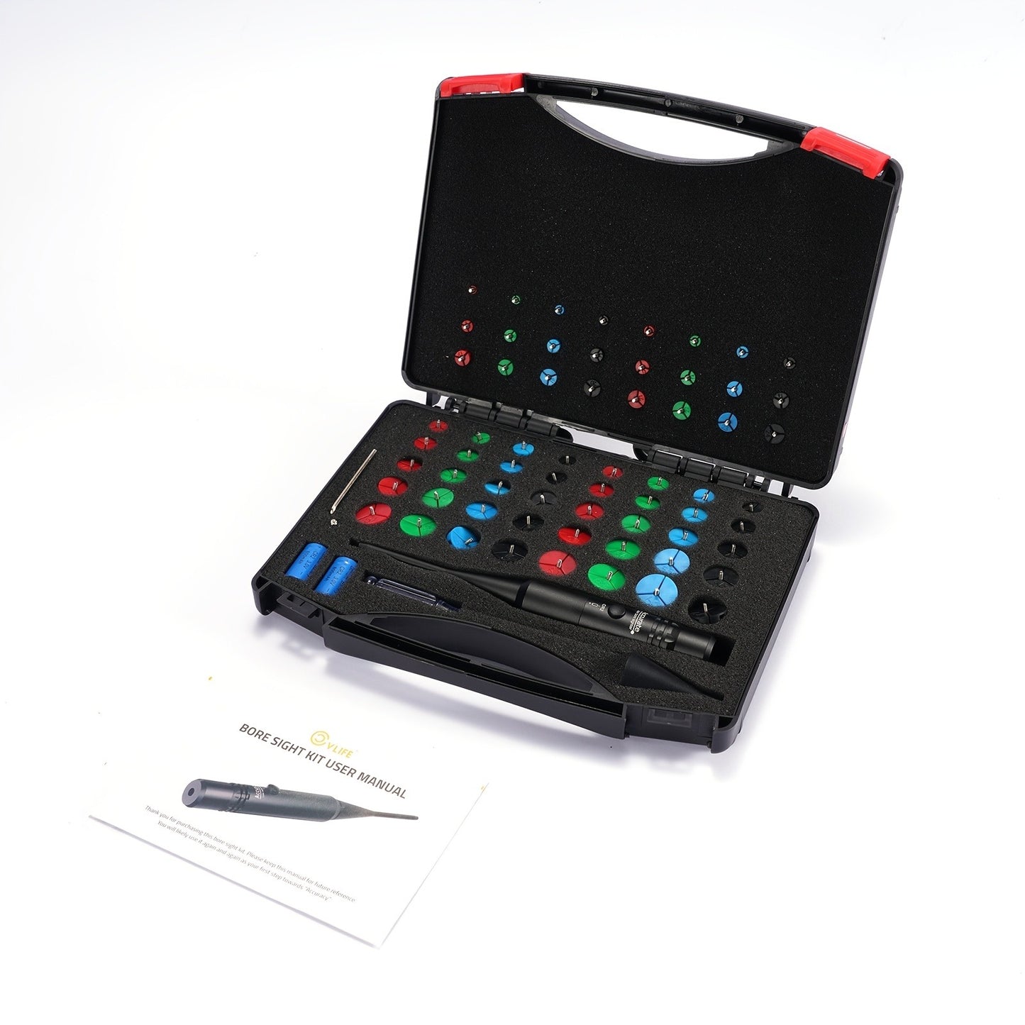 Red Laser Bore Sight Kit with 64 Adapters | Professional Multi-Caliber Boresighter for .17 to 12GA Rifles, Pistols & Handguns – Color-Coded Adapters, 40-Hour Battery & Portable Case Included