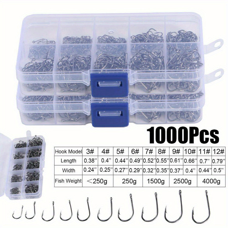 1000pcs Fishing Hooks Assorted Sizes #3-#12 Sharp Carbon Steel Fish Hooks Set with Portable Tackle Box for Sea Freshwater Bass Trout Carp Fishing Gear Kit Men Gift