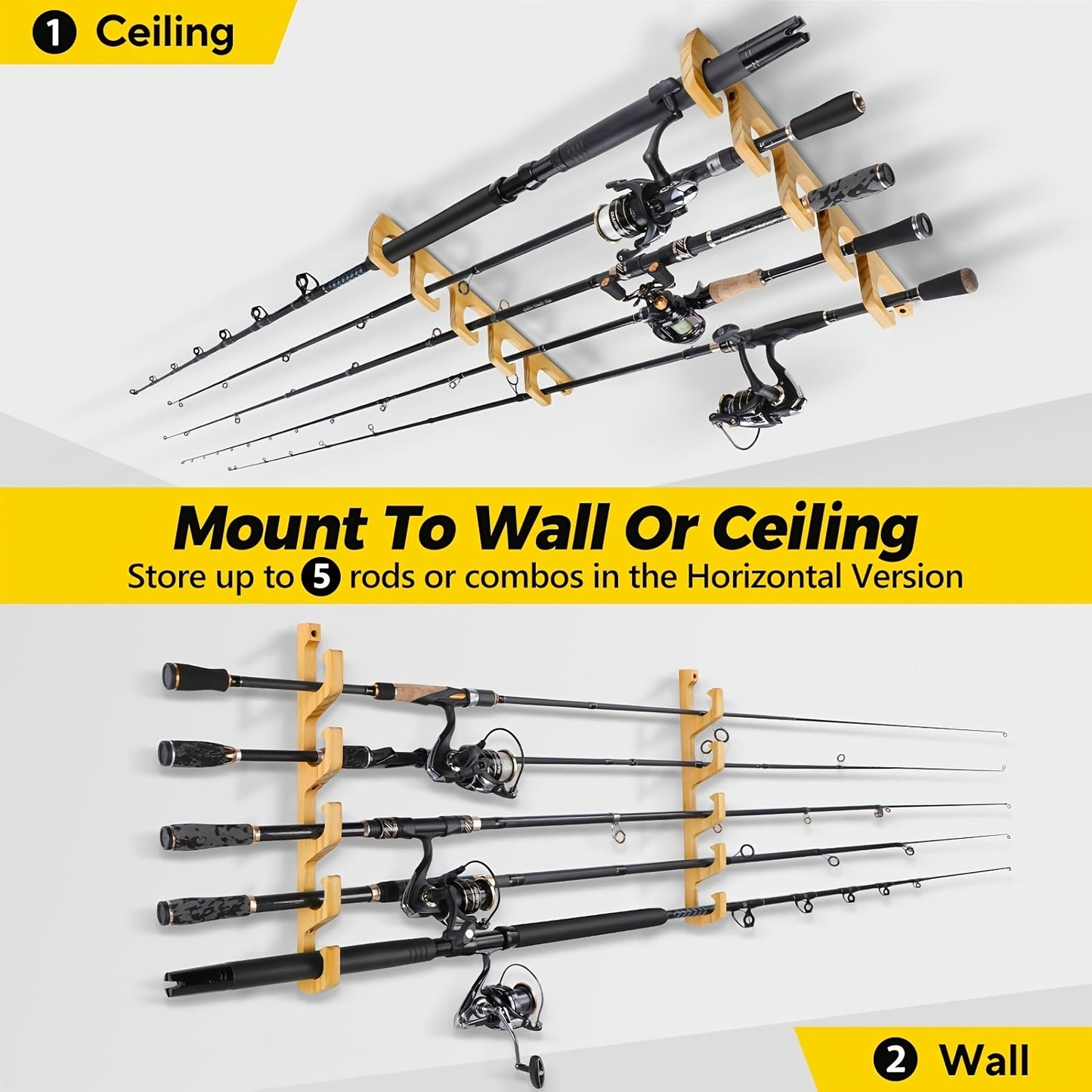 Wall-Mounted Wooden Fishing Rod Rack – 5-Hole Horizontal Rod Holder for Garage, Ceiling & Wall | Solid Wood Fishing Pole Storage Bracket for 5, 10 or 20 Rods | Father's Day Gift for Fishermen & Anglers