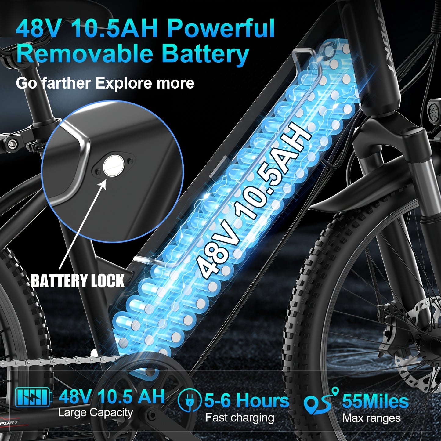 Electric Mountain Bike F26 749W Off-Road Ebike – 26" Tire 55-Mile Range 48V 10.5Ah Removable Battery, 27.9 MPH Top Speed, 7-Speed Disc Brake Beach Cruiser Electric Bicycle for Adults