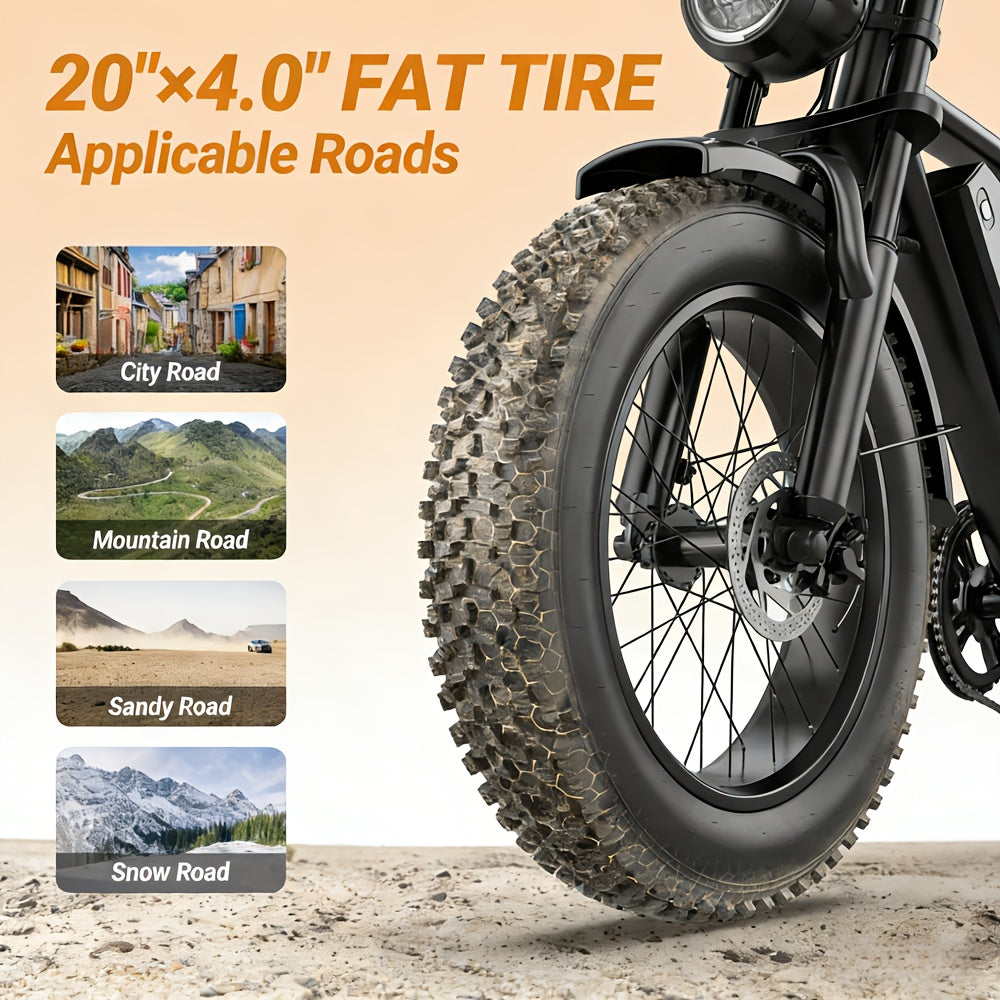 Fat Tire Electric Bike 749W Peak Motor 48V 15AH Removable Battery, 37-Mile Range 27.9MPH, 20x4 All-Terrain Tires, 7-Speed Shimano, Front Suspension, Hydraulic Disc Brakes, Carbon Rims - Commuter & Off-Road Ebike