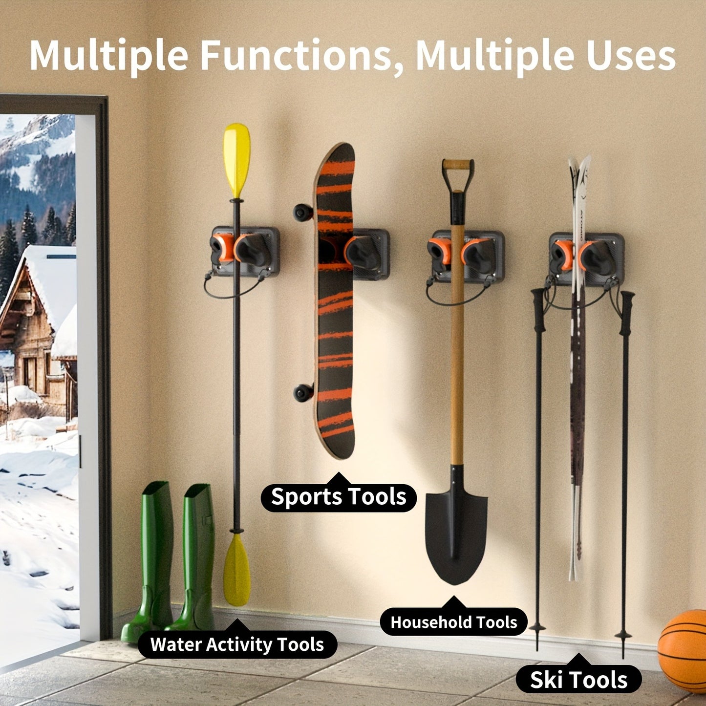 Wall-Mounted Ski & Sports Equipment Storage Rack β Heavy Duty Garage Organizer Hook Set, Holds Up to 100 lbs, Space-Saving Wall Mount for Skis, Poles, Tools & Household Items, Home & Garage Use, 4-Pack
