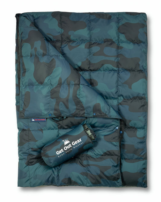Convertible Camouflage Camping Blanket Blue Camo / Down Insulation option