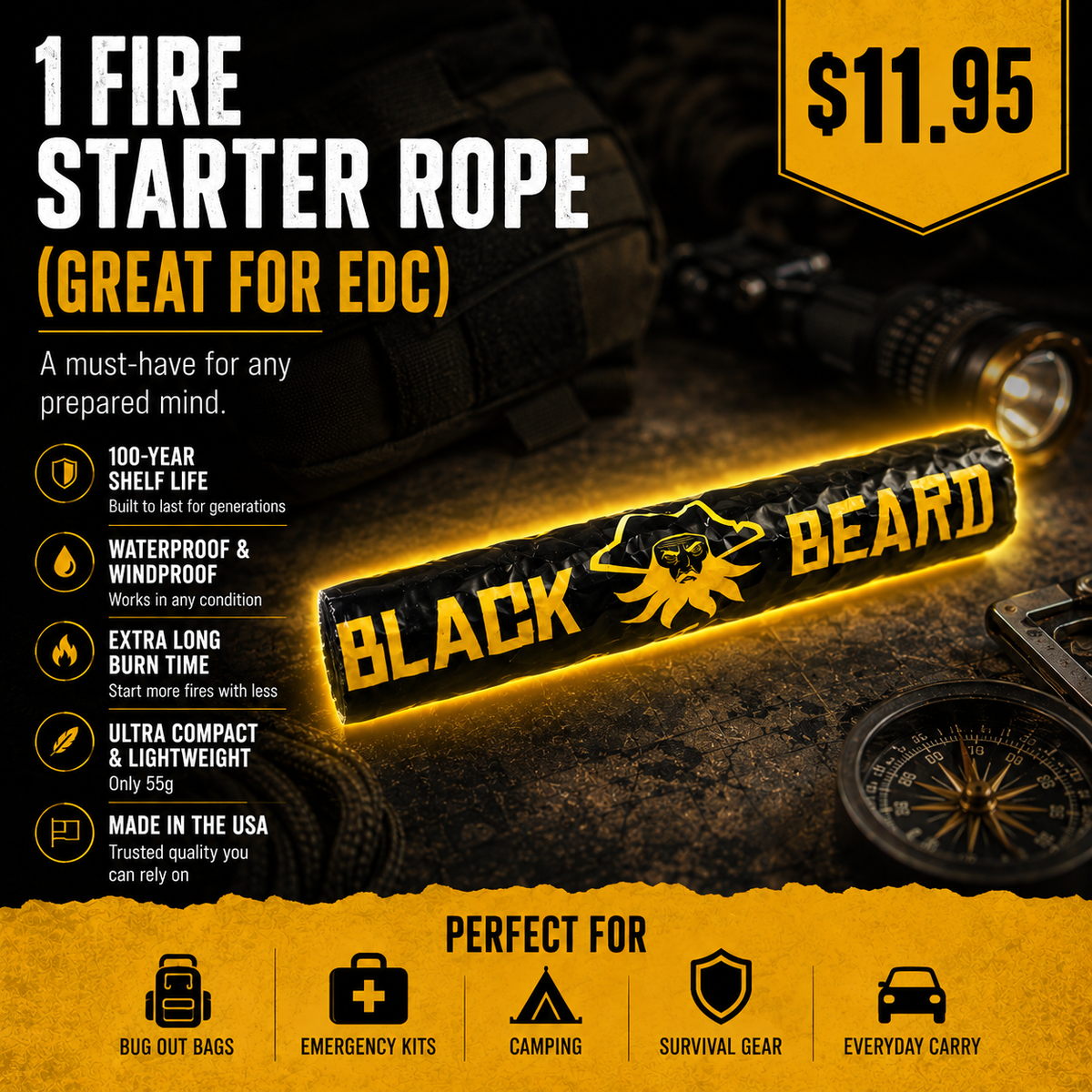 Survival Fire Starter 1 Fire Starter Rope (Great for EDC) option