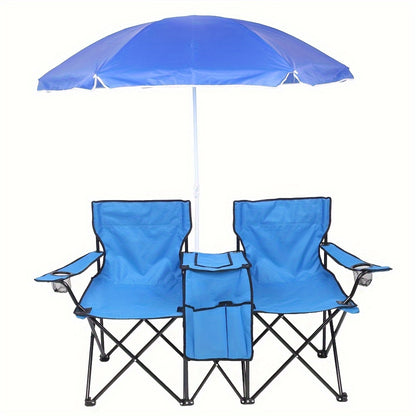 Portable Folding Chair with Removable Sun Umbrella - 2-Seat Outdoor Foldable Chair, Steel Frame Oxford Fabric, Lightweight Sun Shade Seat for Fishing Beach Camping Sunbathing Outdoor Activities