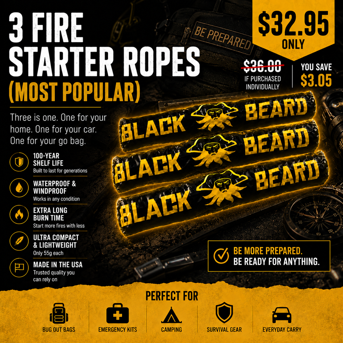 Survival Fire Starter 3 Fire Starter Ropes (Most Popular) option