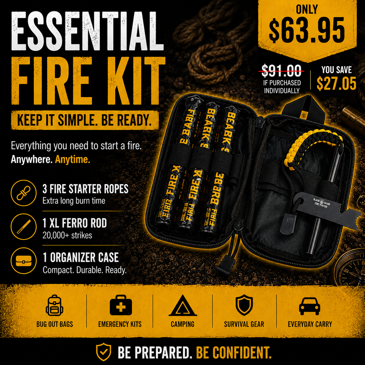 Survival Fire Starter Essential Fire Kit 3 Fire Starter Ropes 1 XL Ferro Rod 1 Organizer Case option