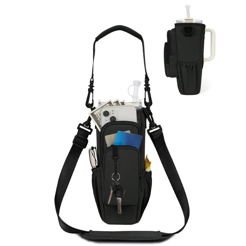 Insulated Water Bottle Carrier Bag for 30-40oz Bottles - Adjustable Shoulder Strap, Phone Pocket & Straw Cover - Neoprene Bottle Holder Pouch for Dog Walking, Hiking & Outdoor Activities