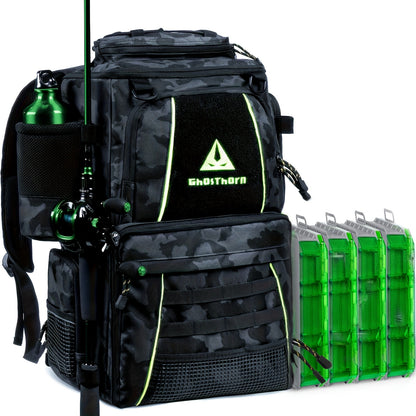 Large Fishing Tackle Bag with 4 Tackle Boxes – 43L Backpack with Rod Holder, Detachable Waist Pack & Gear Storage for Men Women | Black, Khaki & Camo