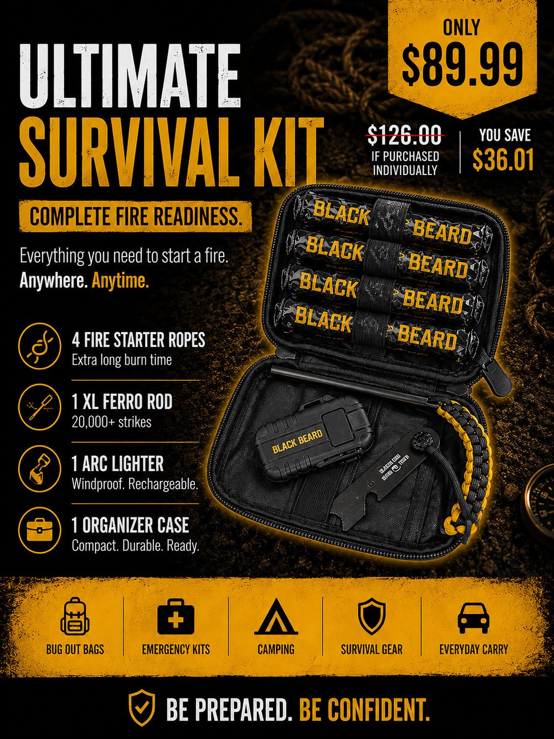 Survival Fire Starter Ultimate Survival Fire Kit- 4 Fire Starter Ropes 1 XL Ferro Rod 1 Arc Lighter 1 Organizer Case option