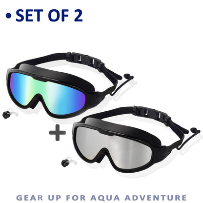 Anti-Fog Swim Goggles 2-Pack with Earplugs Nose Clip & Case, Wide Lens Leakproof