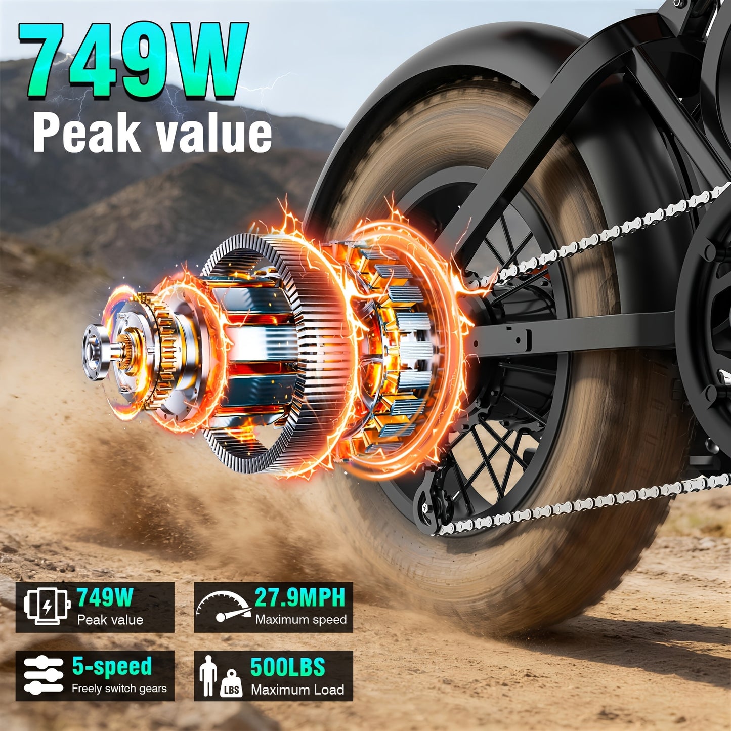 Fat Tire Electric Bike 16x4 Inch 749W Brushless Motor 48V All-Terrain E-Bike 27.9MPH 35-Mile Range 500LB Load Dual Disc Brakes LED Display 15/18/22Ah