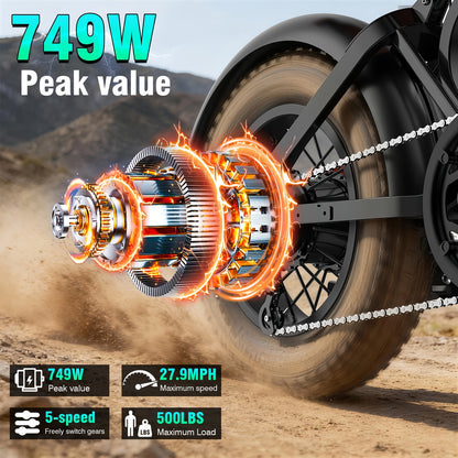 Fat Tire Electric Bike 16x4 Inch 749W Brushless Motor 48V All-Terrain E-Bike 27.9MPH 35-Mile Range 500LB Load Dual Disc Brakes LED Display 15/18/22Ah