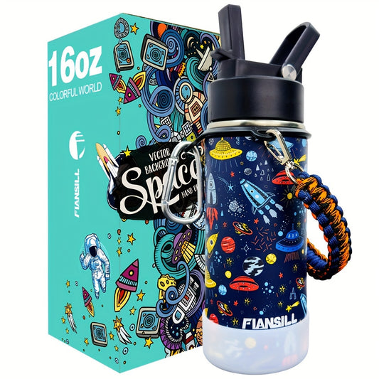 Kids Insulated Water Bottle 16oz with 3D Print Design - Stainless Steel Vacuum Flask, Leak-Proof BPA-Free, One-Hand Lid, Woven Strap & Carabiner, Perfect Student Gift for Boys & Girls, 8 Fun Styles