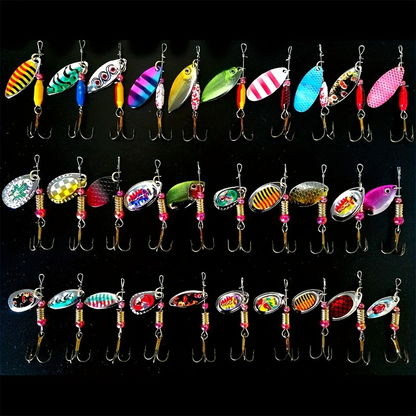 Spinnerbait Fishing Lures 30pcs – Heavy Duty Metal Spoon Jig Multi-Color Artificial Bait Set for Bass Trout Pike Musky, Saltwater & Freshwater Spinner Bait Kit for Men