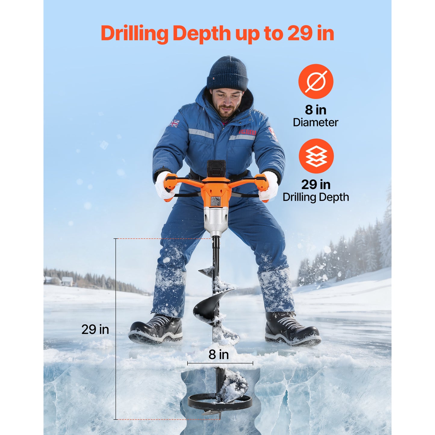 Electric Ice Auger 8 Inch 20V Cordless Brushless Motor, 2-in-1 Ice Fishing & Earth Auger with 4000mAh Battery, Turbo High-Speed Cutting, Cold-Resistant Steel Blades for Ice Fishing & Post Hole Digging