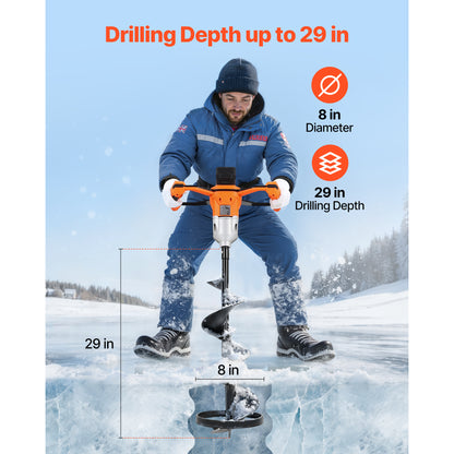 Electric Ice Auger 8 Inch 20V Cordless Brushless Motor, 2-in-1 Ice Fishing & Earth Auger with 4000mAh Battery, Turbo High-Speed Cutting, Cold-Resistant Steel Blades for Ice Fishing & Post Hole Digging
