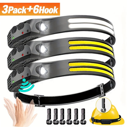 Motion Sensor COB Headlamp 3 Pack + 6 Hooks, 230° Wide Beam Rechargeable LED Head Lamp, 5 Modes COB & LED Headlamps for Adults, Hard Hat Headlight, Headband Flashlight for Camping, Work & Hiking