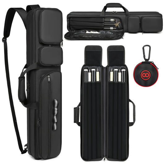 Pool Cue Case 4x4 with Hidden Backpack Strap | Billiard Cue Bag Holds 4 Butts & 4 Shafts | Hard Shell Pool Stick Carrying Case with Large Front Accessory Pockets | Black