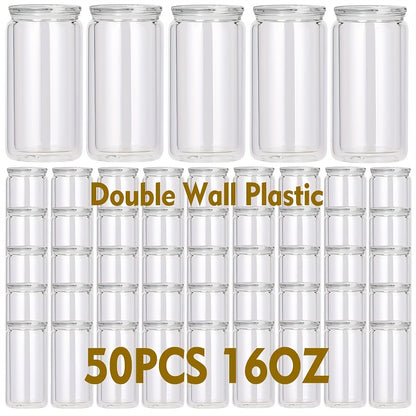 Clear Plastic Snow Globe Tumblers 16oz Double Wall Bulk Set 25 or 50 Cups Pre-Drilled Hole Colored Lid Straw for Iced Coffee Boba Soda Party DIY Customization