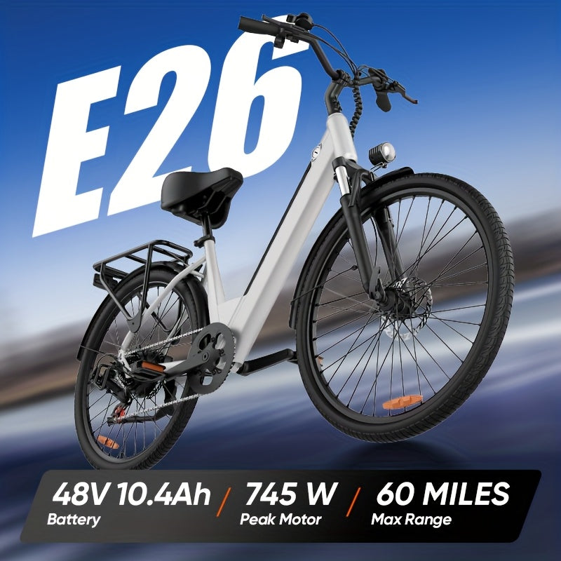 26 Inch Electric Bike with 745W Brushless Motor, 48V 10.4Ah Battery, 60-Mile Range, Front Dual Shock Absorbers, Disc Brakes & 3 Riding Modes – E26 Folding E-Bike for Urban Commuting and Outdoor Riding