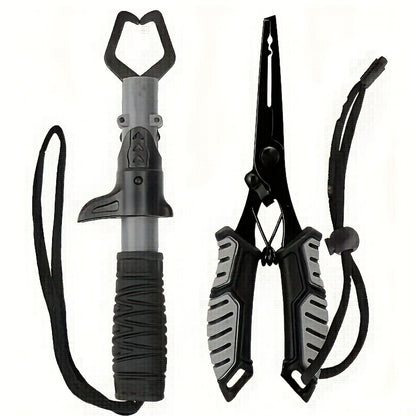 Fishing Pliers Fish Gripper Combo Set 2pcs Stainless Steel Hook Remover Line Cutter with TPR Non-Slip Handle Spring-Loaded Lock for Freshwater Saltwater Bass Trout Pike Catch and Release