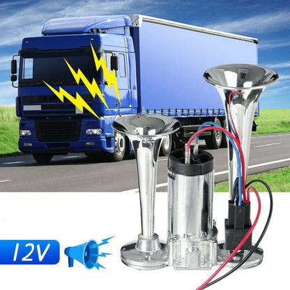 Dual Air Horn Kit 12V/24V 105-137dB with Air Compressor - Super Loud Aluminum Alloy Trumpet Horn for Truck, Train, SUV, Motorcycle, Car & Boat, Universal Electric Horn Easy Install