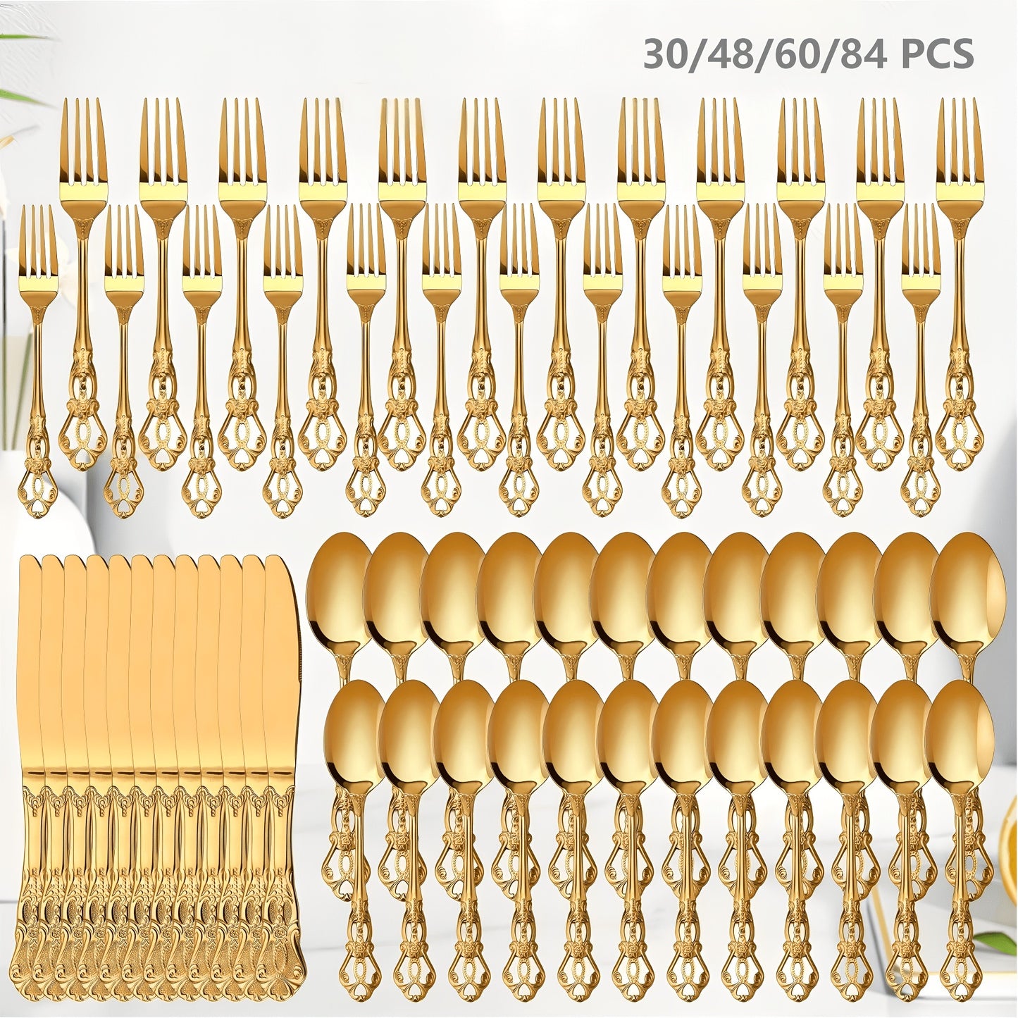 Stainless Steel Flatware Set – Vintage Royal Golden & Silver Silverware Set for 6, Rust-Resistant Dishwasher Safe Cutlery with Forks, Spoons & Knives – Available in 30 / 48 / 60 / 84 Piece Sets