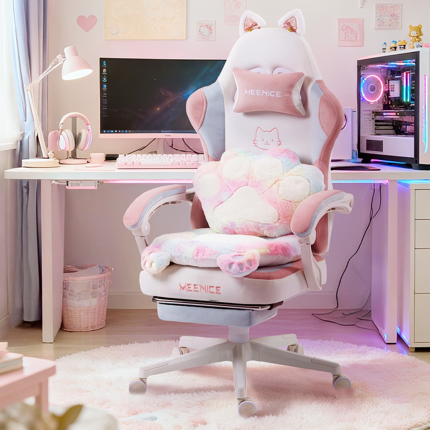 Cat Ear Gaming Chair Ergonomic Reclining Computer Chair with Footrest Paw Lumbar Cushion Wingback PC Game Chair for Girls Adults 300LBS Pink Black Blue