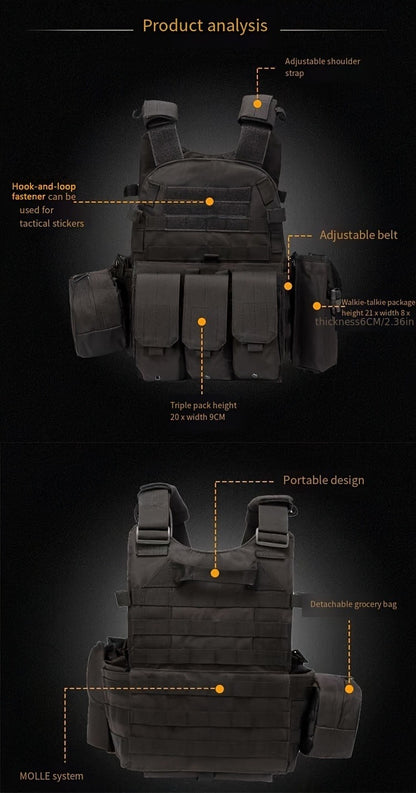 Tactical MOLLE Vest 6094 Adjustable Combat Chest Rig with Multi-Pocket System for Outdoor Hunting Training Airsoft CS Wargame Hiking Camping