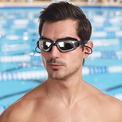 Swimming Goggles 6pcs Set with Cap Nose Clip Earplugs & Storage Bag – UV Protection Anti-Fog Adult Racing Swim Goggles Bundle, Silver-Coated Black Lens, Waterproof PU Swim Cap Included