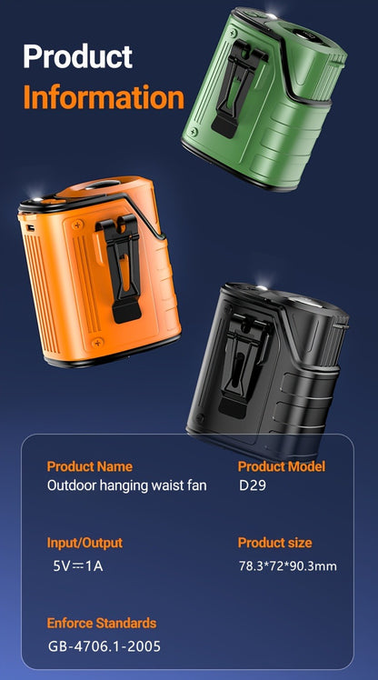 Portable Waist Fan 4-in-1 Neck Fan with Flashlight Power Bank Large Battery for Outdoor Camping Hiking Sports EDC