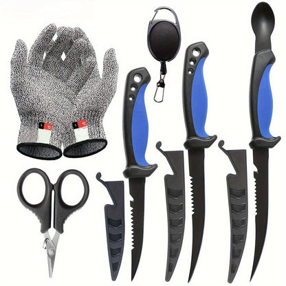 Fishing Knife Set 3-Piece Stainless Steel Fillet Boning Knife with Cut Resistant Gloves Fishing Line Cutter Stretch Rope for Fishing Camping Carving
