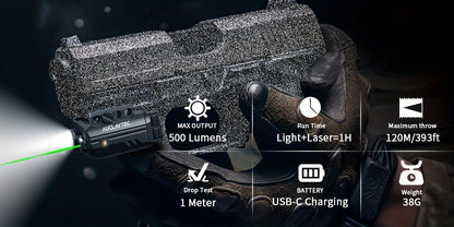Pistol Light Laser Combo 500 Lumens – Green Red Blue Laser Sight, 5 Modes, USB-C Rechargeable, Fits Subcompact & Compact Handguns, Adjustable Rail Mount Weapon Light