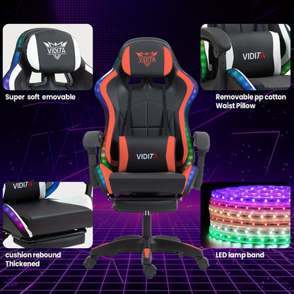 RGB Gaming Chair with LED Lights Footrest Ergonomic Gaming Chair with Massage Lumbar Support Reclining Video Game Chair for Adults Home Office Computer Chair with USB RGB Lighting