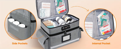Lockable Medicine Organizer Bag with Combination Lock, Double-Layer Large Capacity Pill Bottle Storage Case for Prescription Bottles First Aid Supplies Home Travel, Portable Medication Carry Bag Red Grey Black