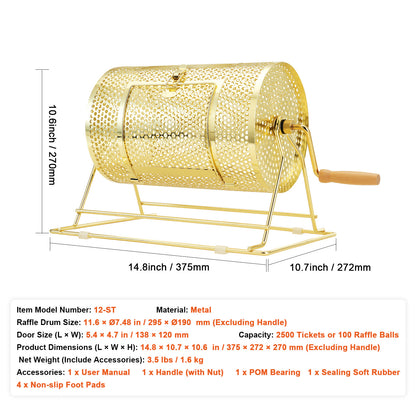 Raffle Drum Spinning Cage 12 Inch – Brass Plated Metal Lottery Ticket Drum with Wooden Handle, Holds 2500 Tickets or 100 Ping Pong Balls, for Bingo Ballot Party Events Fundraisers Trade Shows