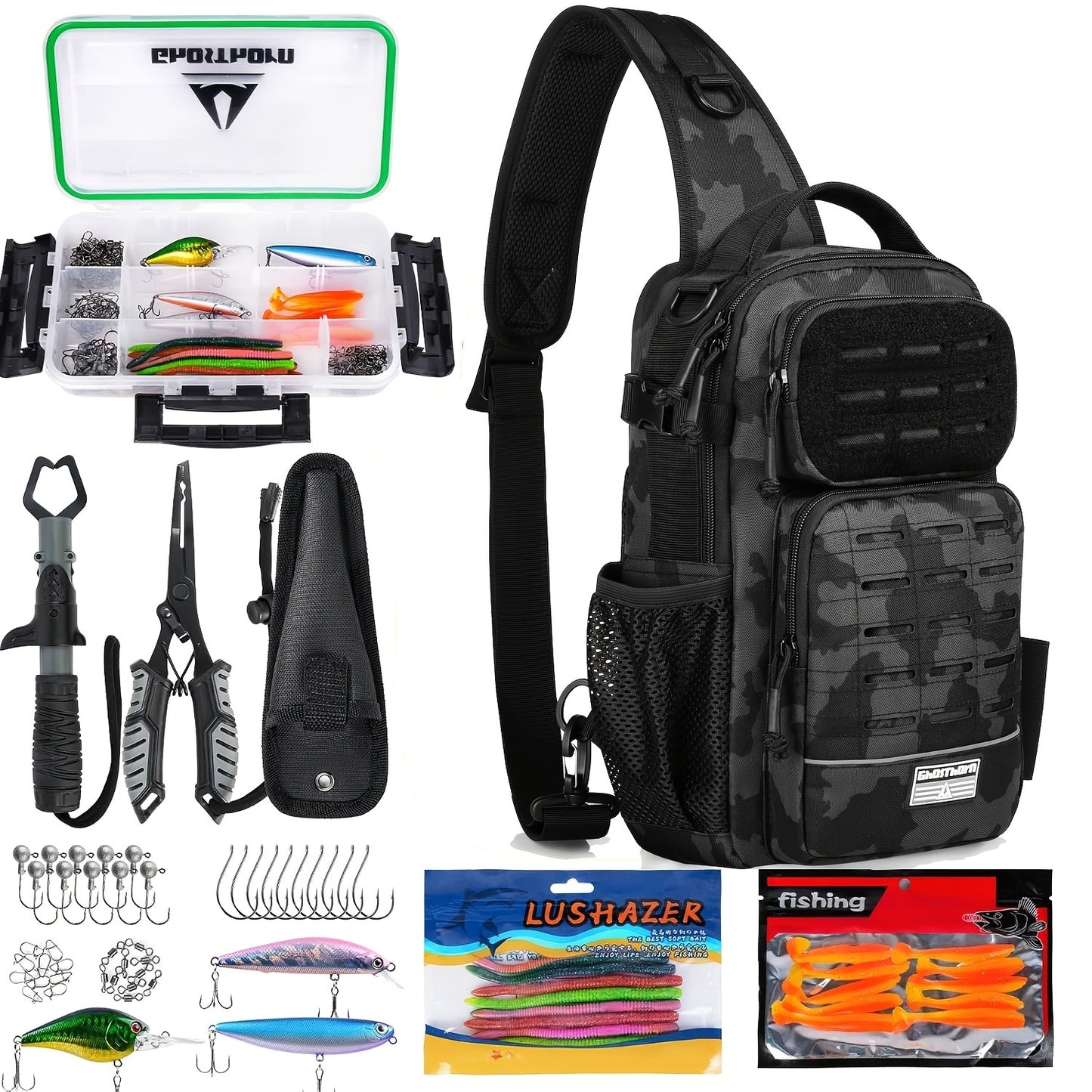 Camouflage Fishing Shoulder Bag with Zipper – Tactical Outdoor Gear Bag for Fishing Tackle, Hunting & Camping, Multi-Pocket Crossbody Bag, Available in Green Camo, Black Camo, Black & Khaki, Gift Box Option