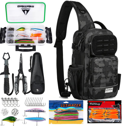 Camouflage Fishing Shoulder Bag with Zipper – Tactical Outdoor Gear Bag for Fishing Tackle, Hunting & Camping, Multi-Pocket Crossbody Bag, Available in Green Camo, Black Camo, Black & Khaki, Gift Box Option