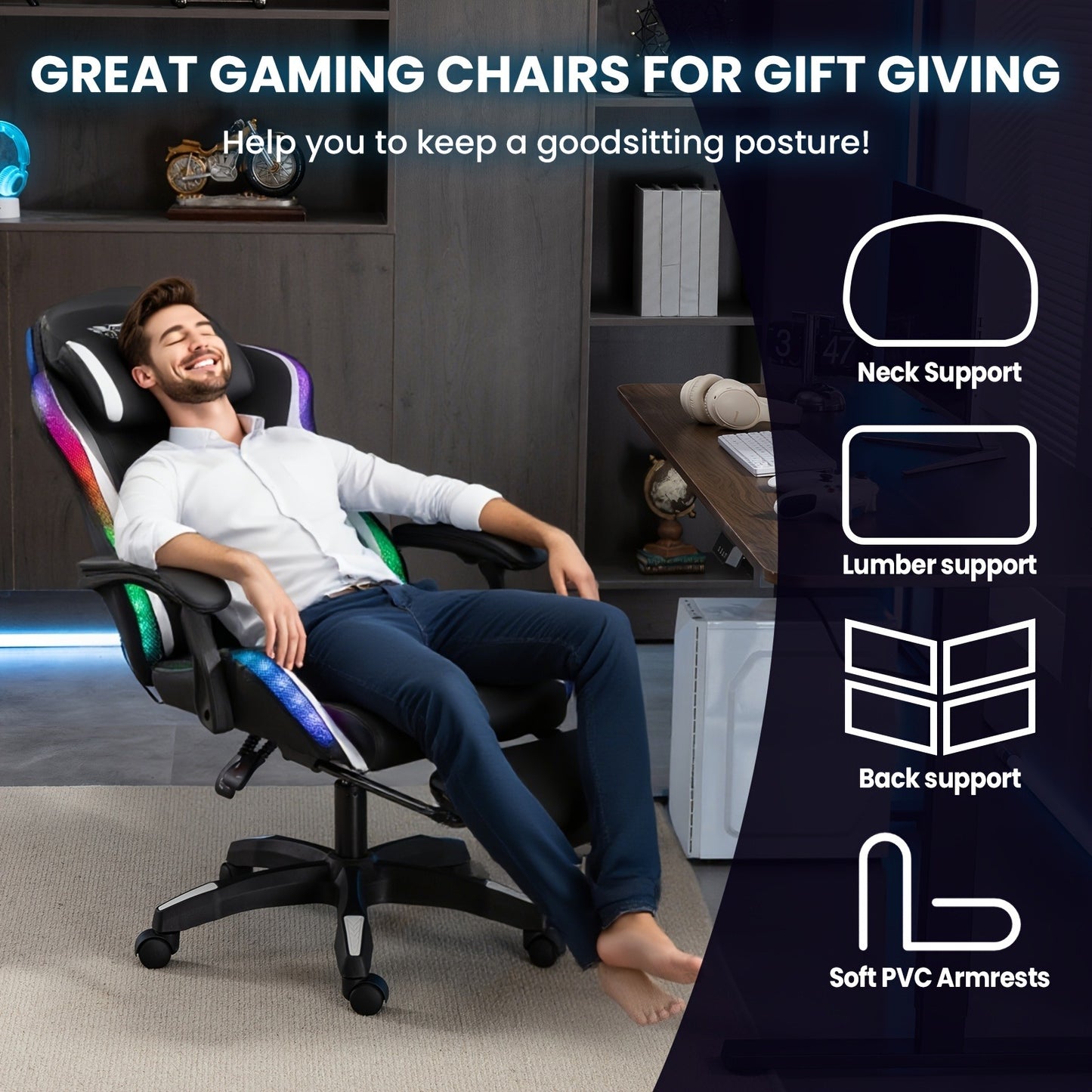 RGB Gaming Chair with LED Lights Footrest Ergonomic Gaming Chair with Massage Lumbar Support Reclining Video Game Chair for Adults Home Office Computer Chair with USB RGB Lighting