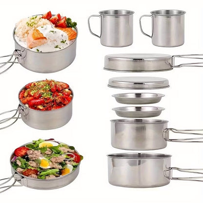 Camping Tableware Set 8 Piece Stainless Steel – Portable Outdoor Dining Set with Foldable Handle Plates, Cups & Utensils | Lightweight Camping Cookware for 2-3 People, Picnic, BBQ & Hiking