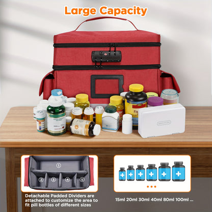 Lockable Medicine Organizer Bag with Combination Lock, Double-Layer Large Capacity Pill Bottle Storage Case for Prescription Bottles First Aid Supplies Home Travel, Portable Medication Carry Bag Red Grey Black