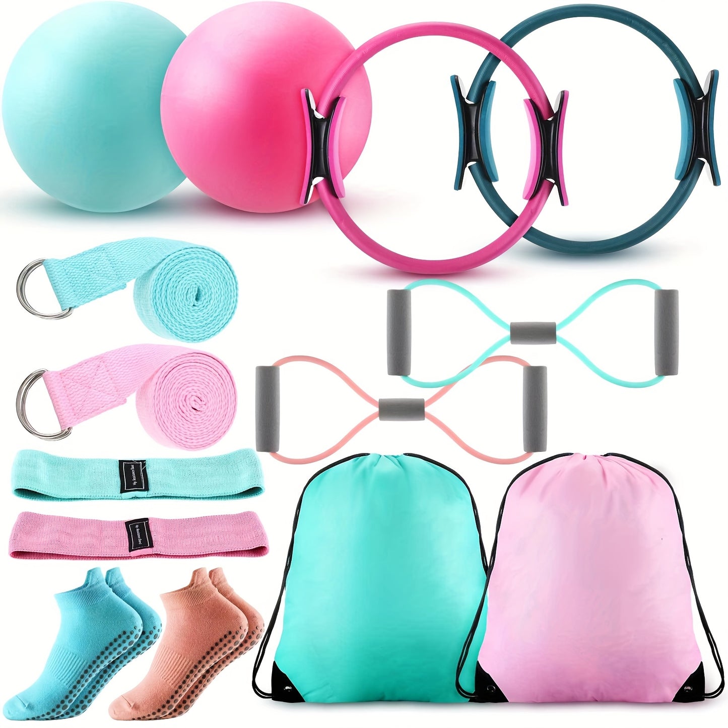 Pilates Ball & Ring Set 14-Piece for Women – Magic Circle, Mini Ball, 8 Resistance Bands, Stretching Strap, Non-Slip Socks & Gym Bag, Complete Home Workout Kit, Pink Green Blue