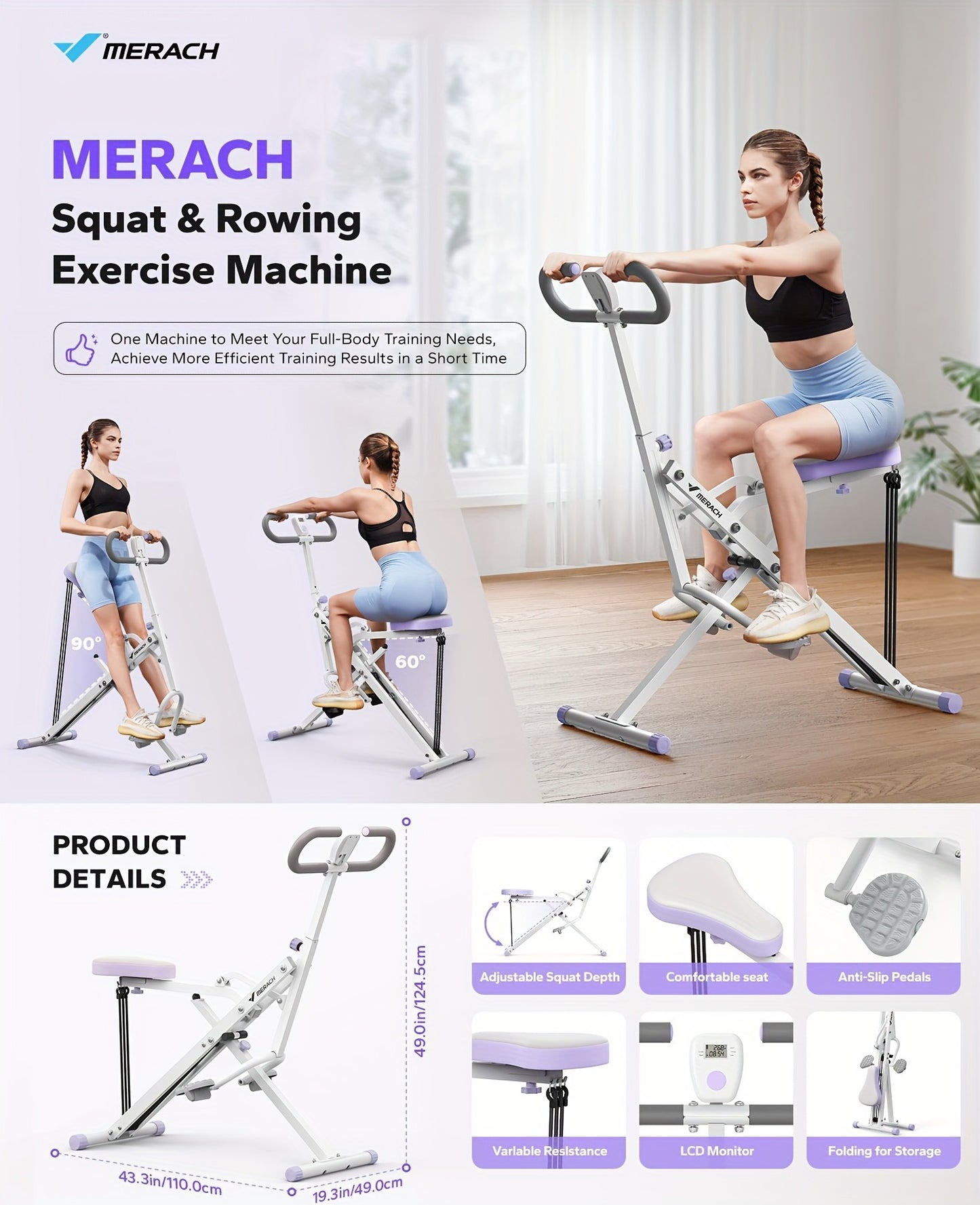 Rowing Machine 2-in-1 Squat & Row – Foldable Glute Trainer with LCD Display, 3 Resistance Bands, 350 lbs Capacity, Home Gym Leg & Back Workout