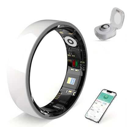 Fitness Tracker Smart Ring – IP68 Waterproof, Sleep & Step Monitor, Crystal Charging Case, Stainless Steel | Men & Women Sizes 7–13