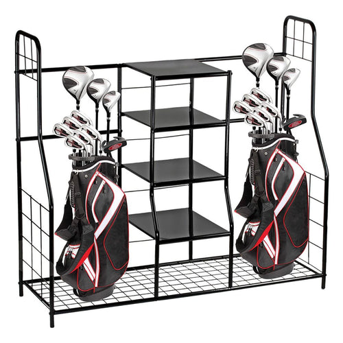 Golf Bag Storage Rack Organizer Steel Dual Bag Holder with 4 Shelves for Clubs Balls Shoes Accessories Garage Basement Home Golf Equipment Organizer Heavy Duty