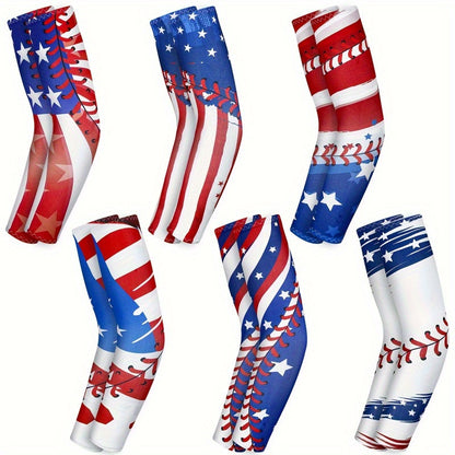 Patriotic Baseball Arm Sleeves 2 Pairs – American Flag Star Design Compression Sports Elbow Covers, Anti-Slip UV Protection for Men Women, Ideal for Games Parties Outdoor Events