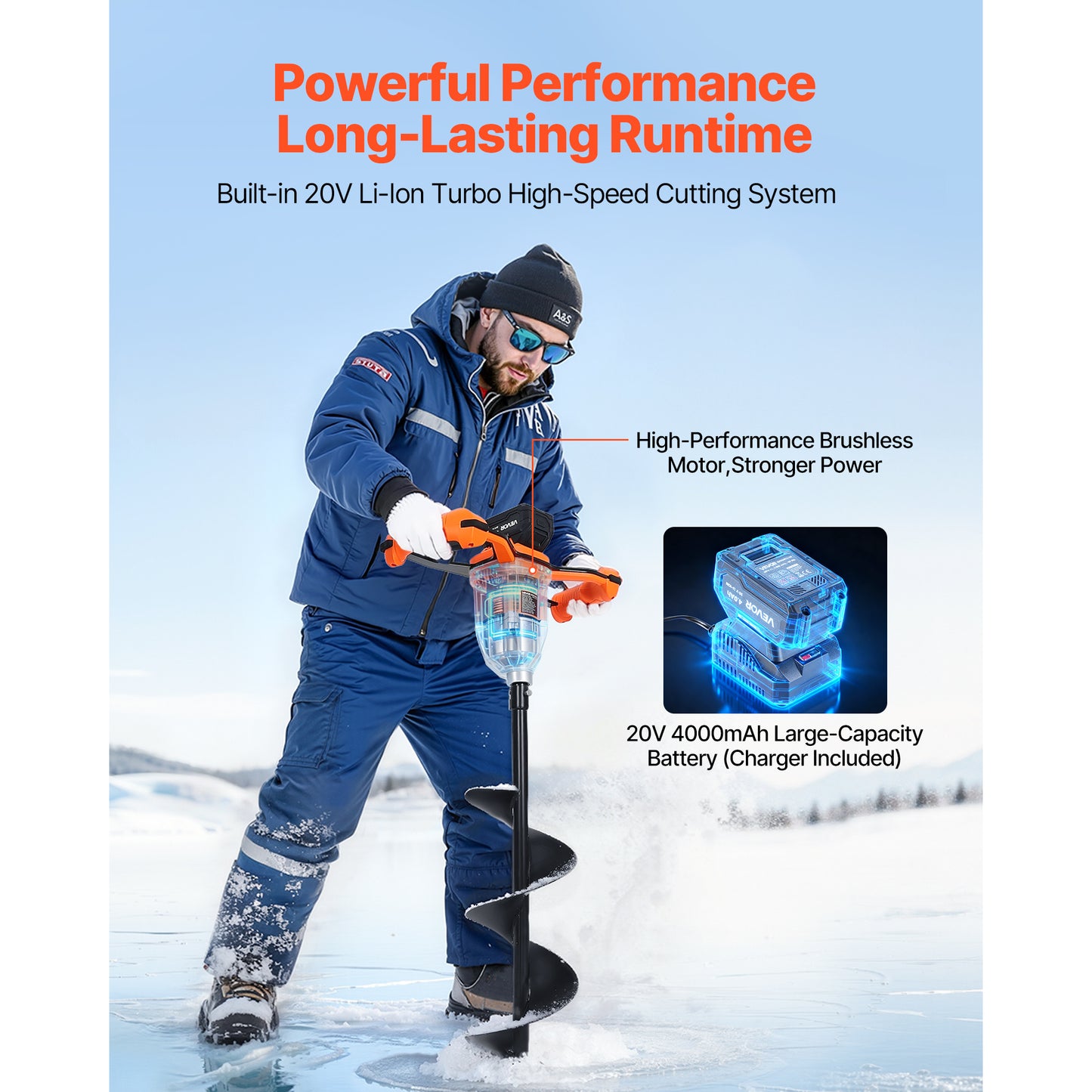 Electric Ice Auger 8 Inch 20V Cordless Brushless Motor, 2-in-1 Ice Fishing & Earth Auger with 4000mAh Battery, Turbo High-Speed Cutting, Cold-Resistant Steel Blades for Ice Fishing & Post Hole Digging