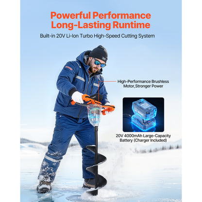 Electric Ice Auger 8 Inch 20V Cordless Brushless Motor, 2-in-1 Ice Fishing & Earth Auger with 4000mAh Battery, Turbo High-Speed Cutting, Cold-Resistant Steel Blades for Ice Fishing & Post Hole Digging