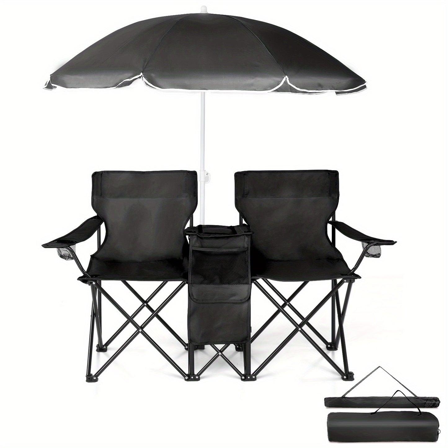 Folding Fishing Chair with Sun Umbrella – 2-Seat Portable Outdoor Chair, Iron Alloy Frame & Oxford Fabric, Built-In Storage Bag & Carry Bag, for Beach, Patio, Camping & Sunbathing, 4 Colors